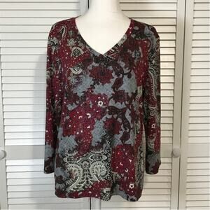 White Stag Y2K Plum Whimsigoth Slinky Shimmery Paisley Patchwork Floral Blouse L